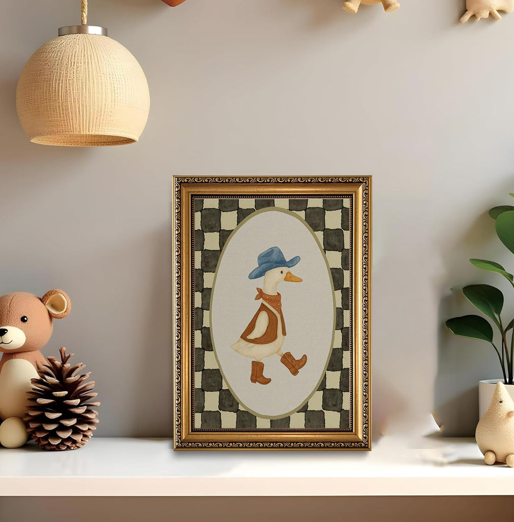 Vintage Cowboy Goose Gold Framed Canvas Wall Art 12x16