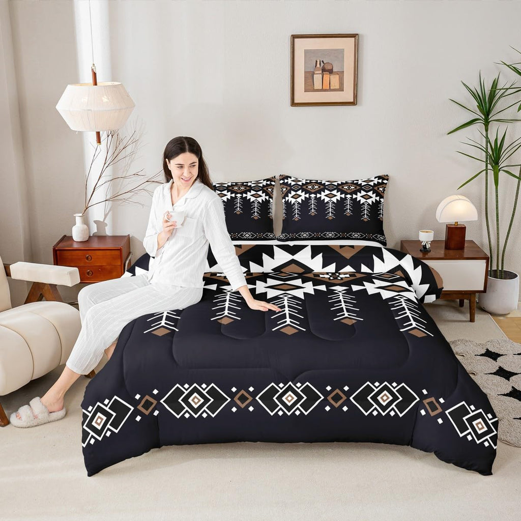 Rustic Western Queen Bedding Set, Boho Aztec Comforter Set