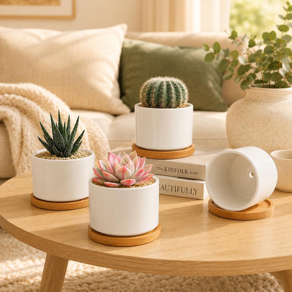12 Pack 3.1" Ceramic Succulent Pots, White Planter with Drainage Tray