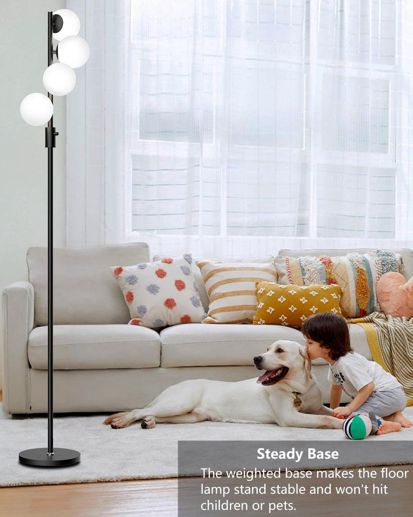 64IN Dimmable Globe Floor Lamp, Black Standing Lamps with 4PCS 3000K Bulbs Included, Mid Century Modern Floor Lamp