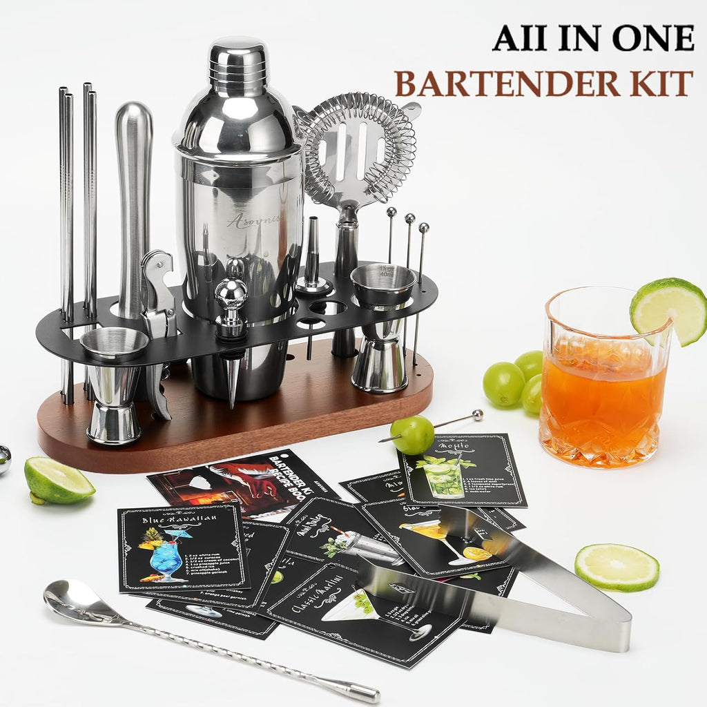 23-Piece Cocktail Shaker Set with Stand, 304 SS, Bartender Kit Gift - Set of 23