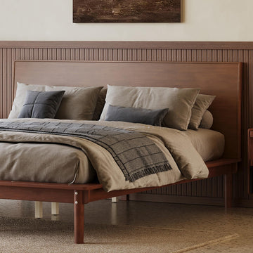 Queen Size Japanese Wooden Bed Frame with 38 inch H Walnut Headboard