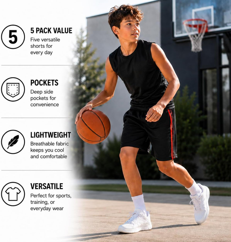 Boys 5 Pack Dry-Fit Athletic Performance Active Shorts