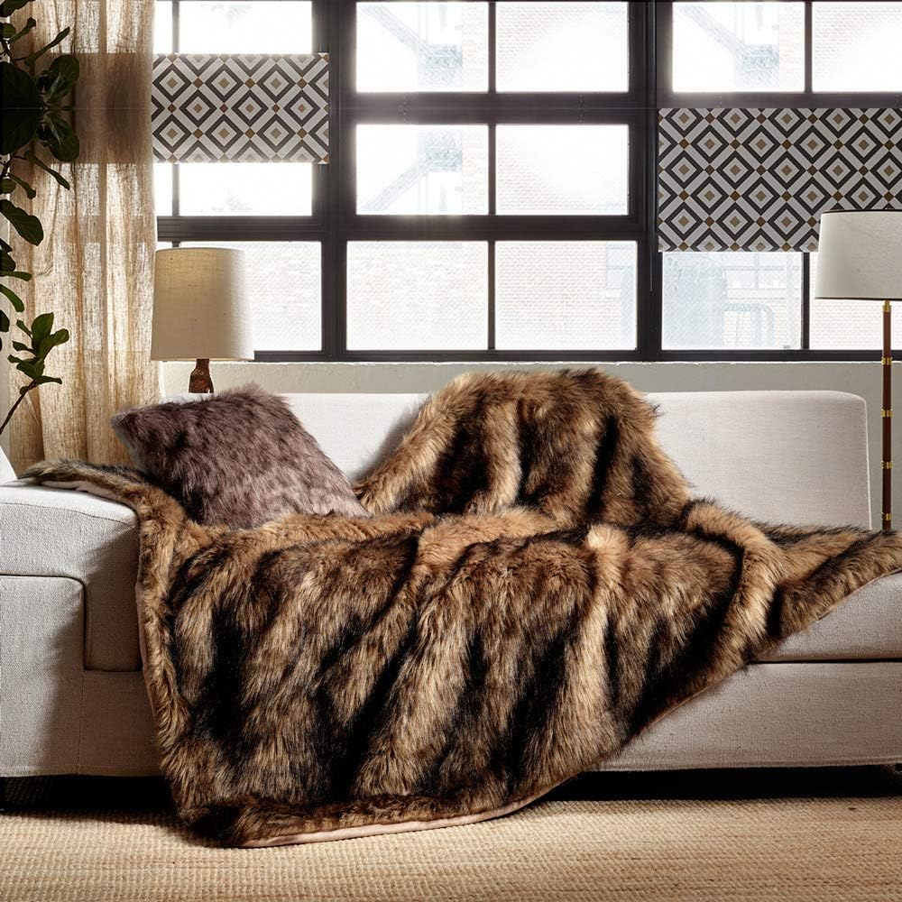 Plush Faux Fur Blanket King Size, Long Pile Brown with Black Tipped Throws, Oversized Super Warm, Fuzzy, Elegant