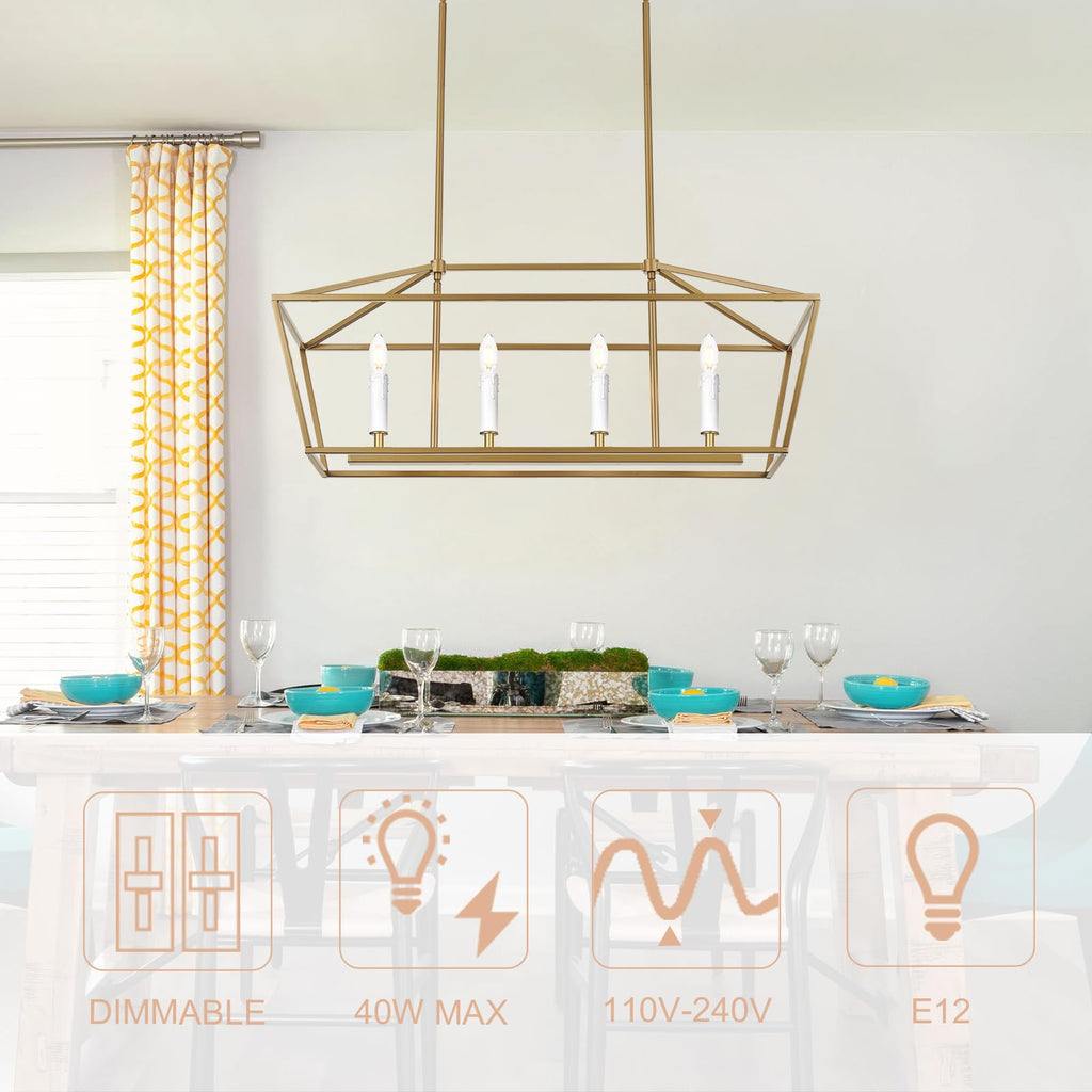 4-Light Gold Kitchen Island Lighting Over Table, Modern Lantern Cage Chandelier Pendant Light Fixture with Height