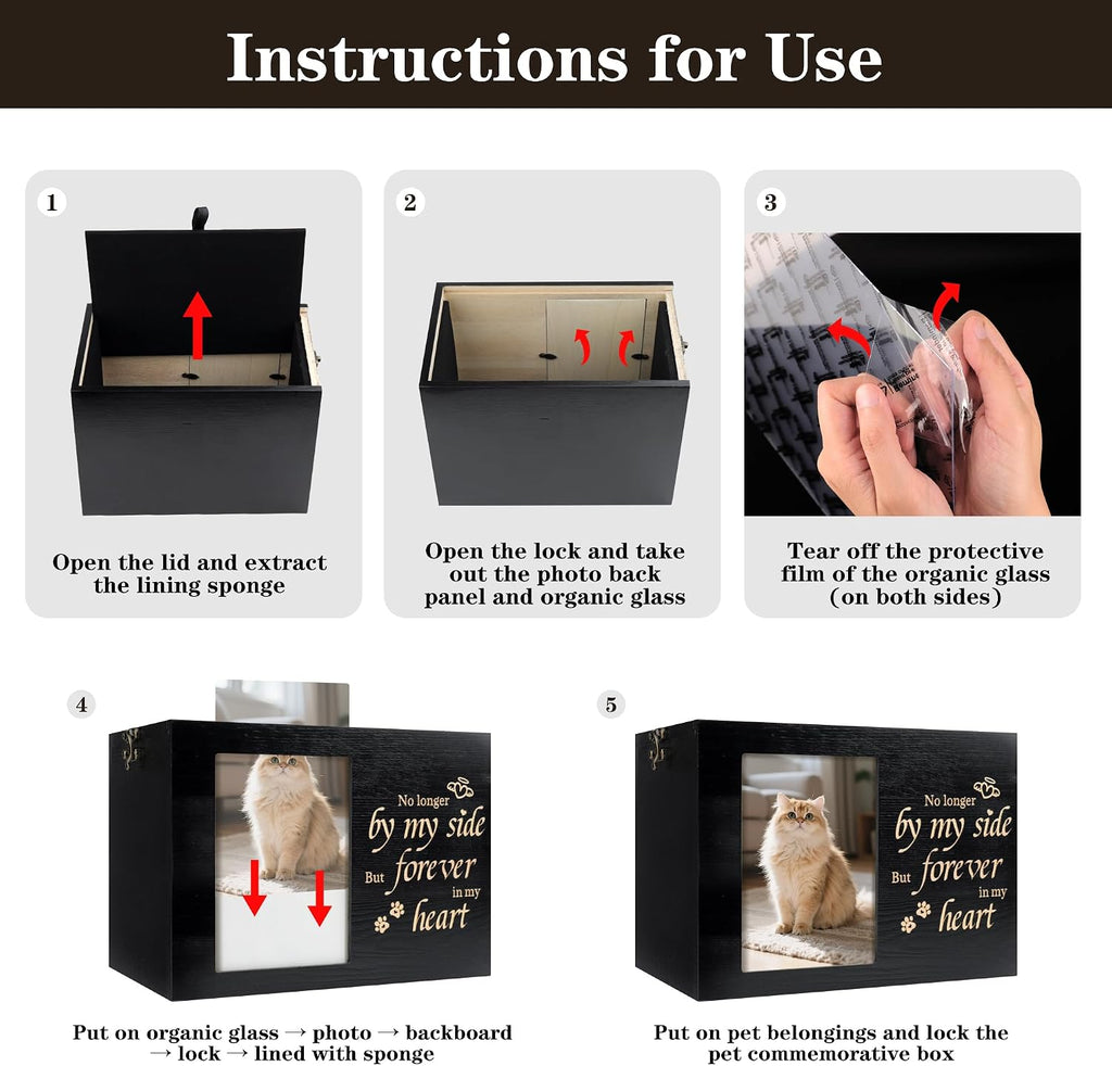 Pet Urns for Cats or Dogs Ashes with Photo Frame, Wooden Memory Box for Keepsakes with Black Flannel as Lining, Cat