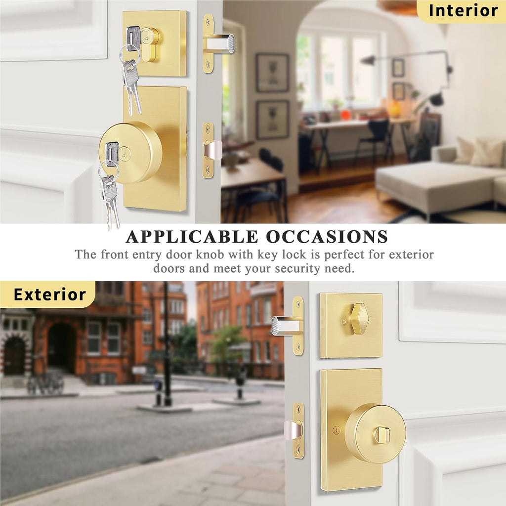 Brushed Gold Brass Exterior Door Knob with Deadbolt and Key