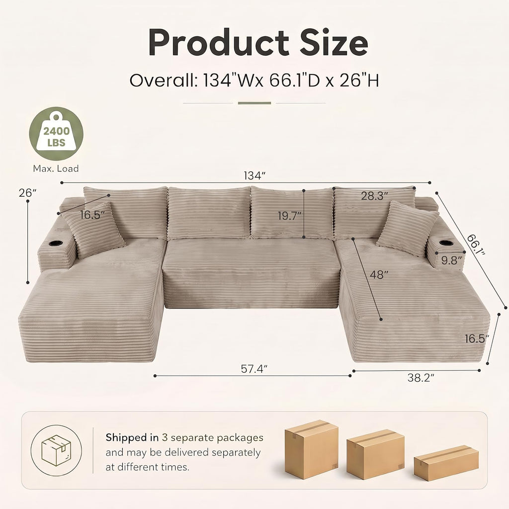 134" U Shaped Sectional Sofa with Double Chaise No Assembly Coffee