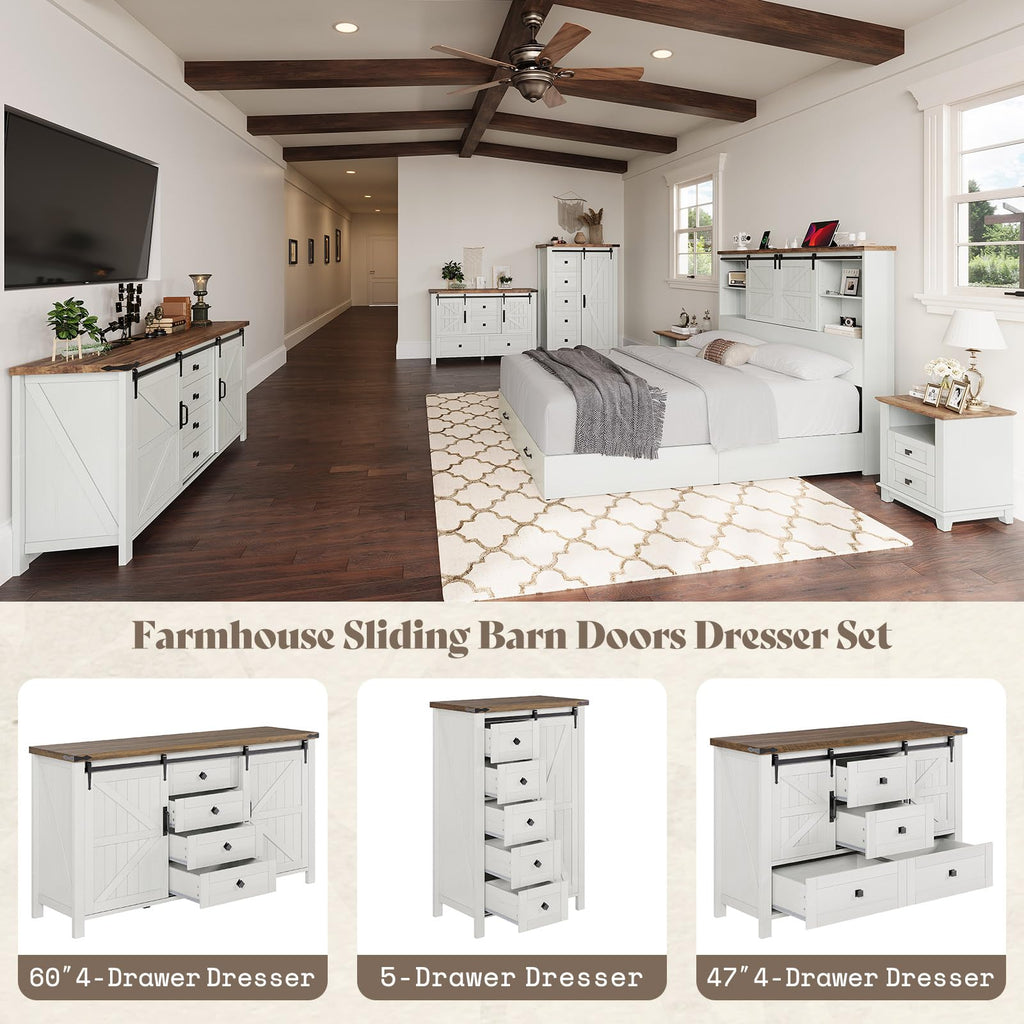 31.5" Farmhouse 5-Drawer Dresser with Barn Doors, Distressed White