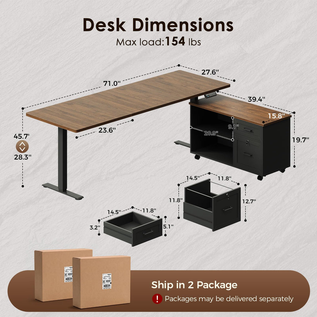 71" L Shaped Electric Standing Desk with Cabinet Sets, Walnut/Black