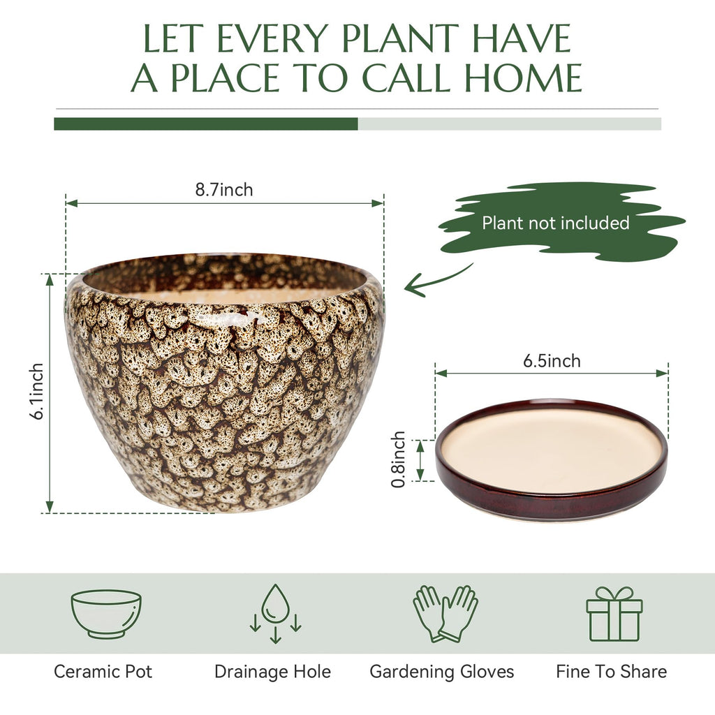 8.7 Inch Ceramic Planter with Saucer, Round Plant Pot for Indoor Outdoor Plants (Speckled White)