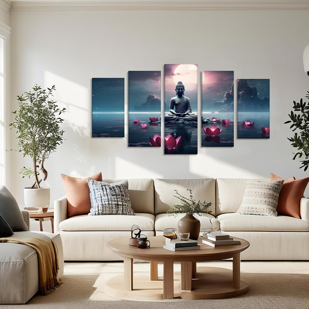 Buddha Canvas Wall Art 5 Piece Zen Wall Decor Pink Lotus Prints Meditation Picture for Yoga Spa Spiritual Room Home