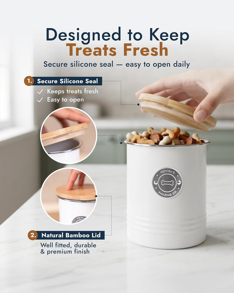 Dog Treat Container with Bamboo Lid, White Metal, 5.1" W x 6.5" H, 6.4 Cups