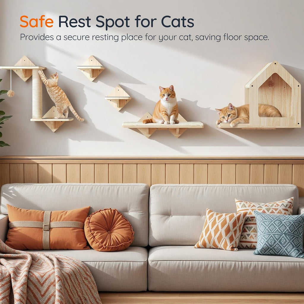 Wood Cat Wall Shelves, Set of 5 Cat Wall Mounted Furniture, Climbing Shelves with House, Steps, Scratching Post