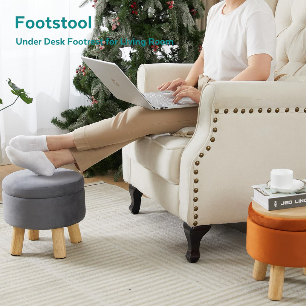 Small Foot Stool Ottoman with Storage, Velvet Ottoman Foot Rest for Couch, Round Footstool with Storage, Small