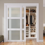 Sliding Closet Door, 72"×80"(Double Barn Doors 37"), Double Frosted 3 Panel Glass Sliding Door with 
