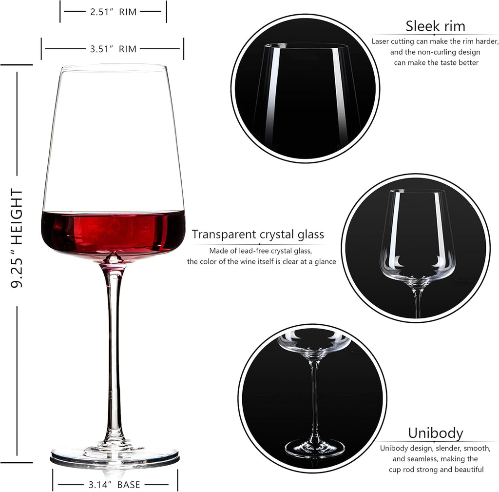 Hand Blown Red Wine Glasses Set of 4 - Premium Crystal Wine Glasses With Long Stem,19 oz - Unique Gift for Father's