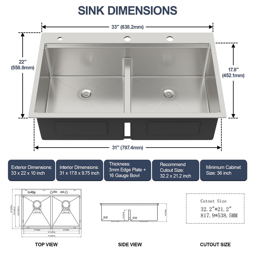 33 Inch 50/50 Drop In Double Bowl Kitchen Sink