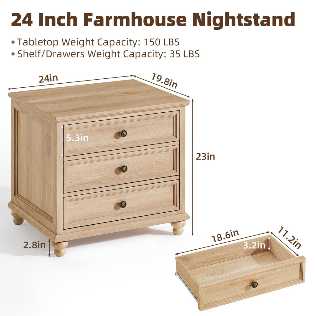 24" Wide Farmhouse Night Stand, Large End Table with 3 Drawers & Metal Handle, Natural Dresser, Bed Side Table Chest