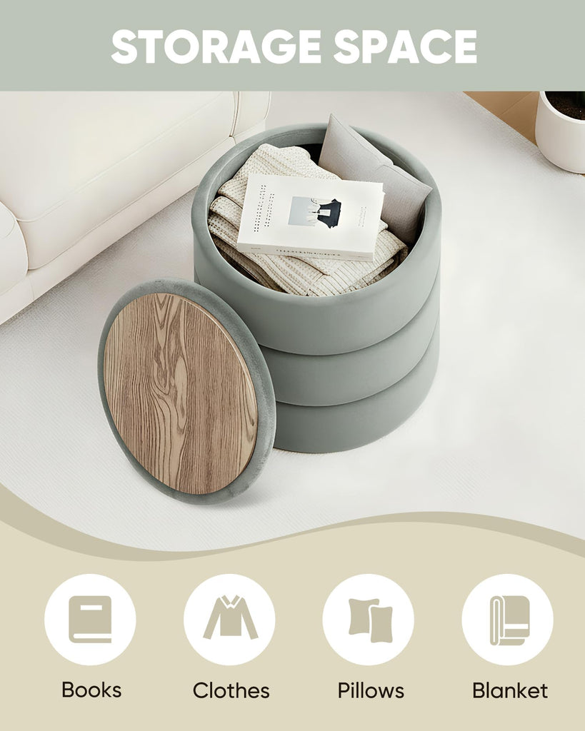15.4" Round Velvet Storage Ottoman with Tray, Sage