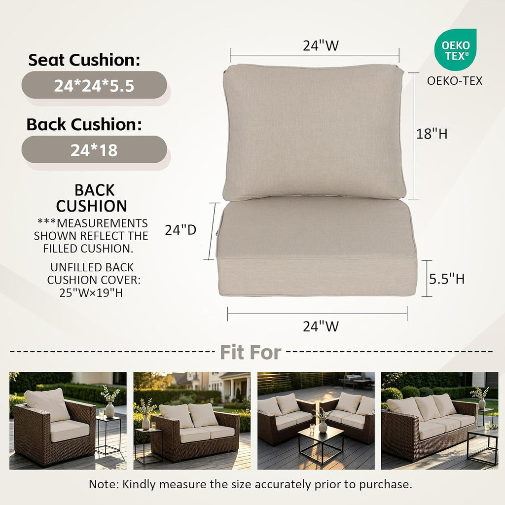 24x24 Inch Outdoor Deep Seat Cushions Set of 2, Curved Back Cover Only, Flat Thick High-Density Foam