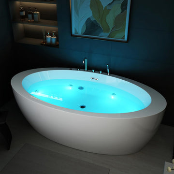 71" Acrylic Freestanding Whirlpool Bathtub, Oval Jetted Soaking Tub with 6 Water Jets & 7-Color LED Lights