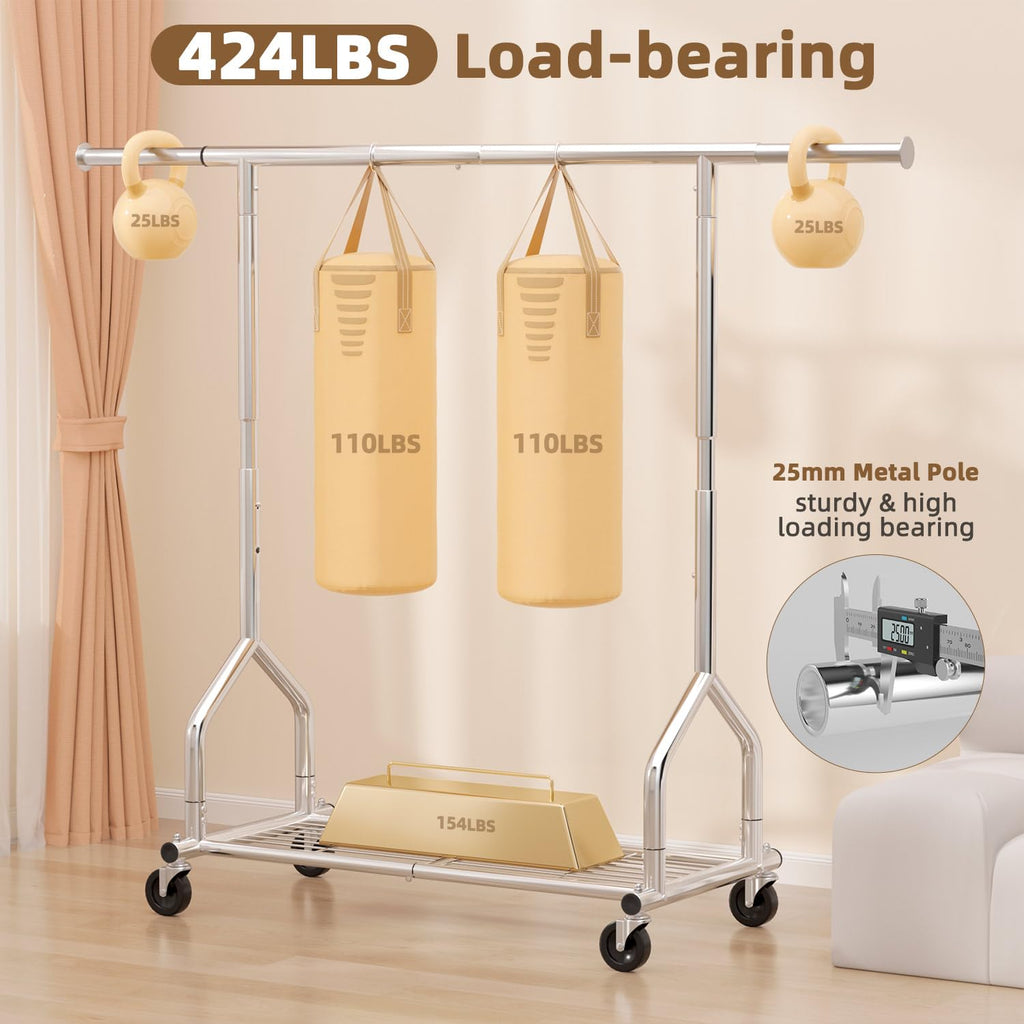 Heavy Duty Clothes Rack Load 424 LBS, Rolling Clothing Rack With Shelves, Adjustable Clothes Hanger with Wheels