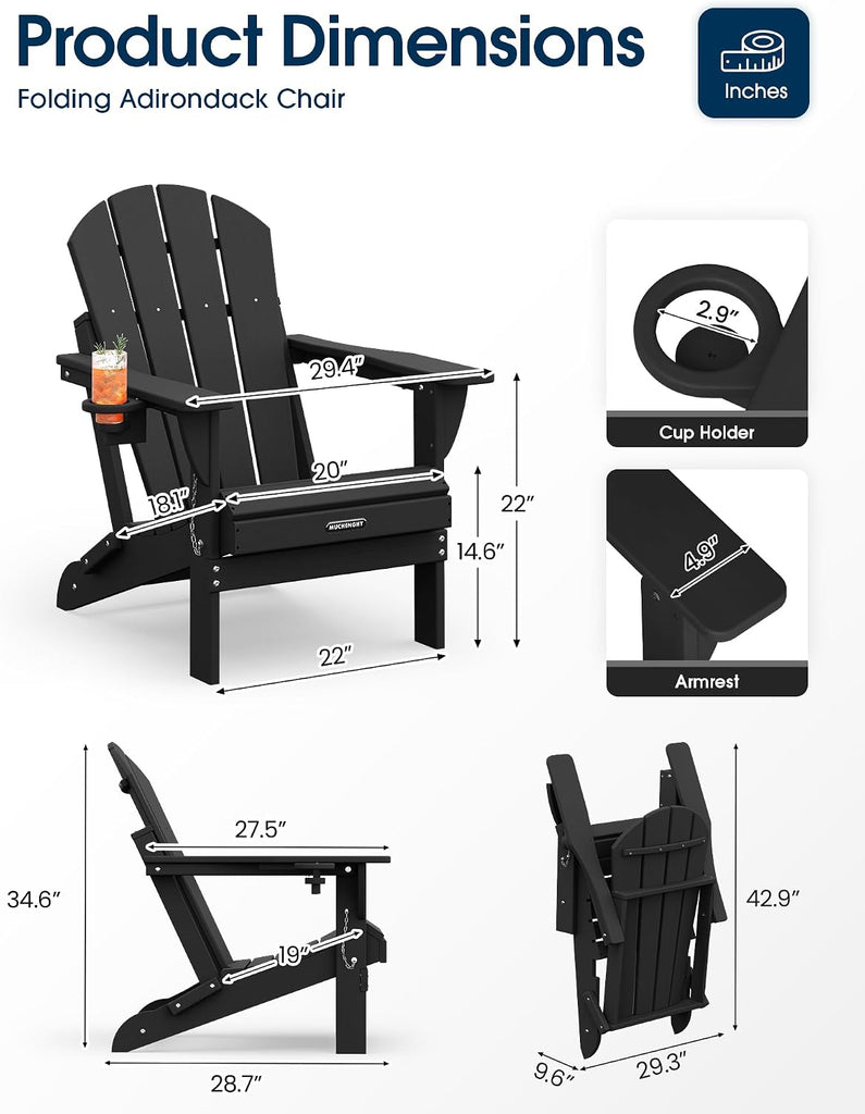 Folding Adirondack Chairs 2 Pack, Patio & Outdoor Chairs, Plastic Weather Resistant with Cup Holder for Deck