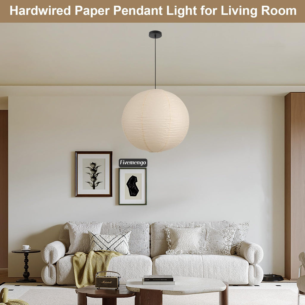 Large Paper Pendant Light with Cord and Canopy, 20in Off-White