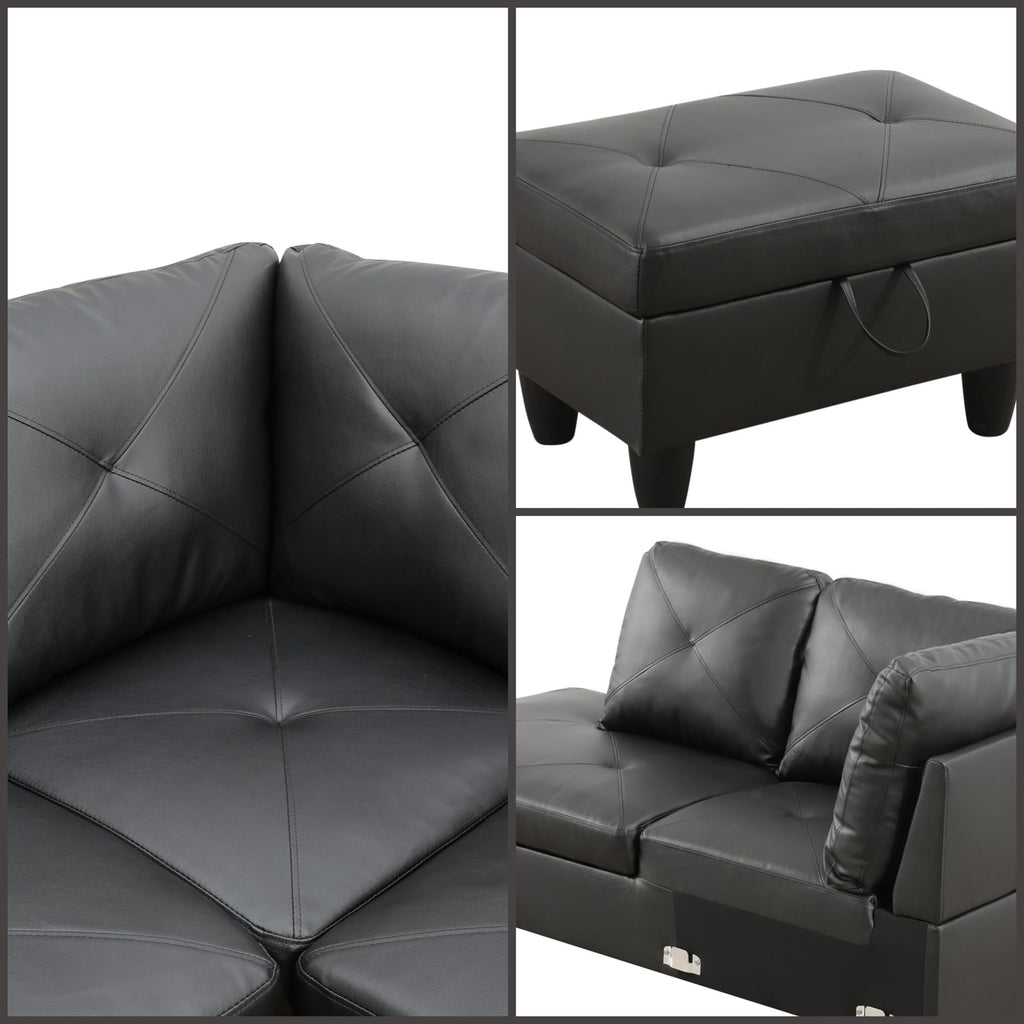 97" L-Shaped Sectional Sofa with Movable Chaise & Storage Ottoman, Leather 3-Piece Modular Convertible Couches, Black