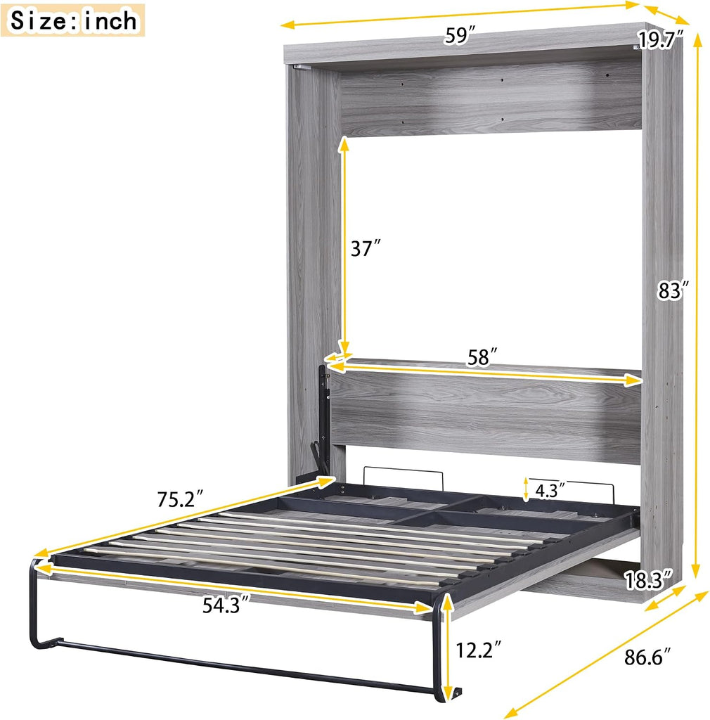Full Murphy Bed,Modern Hidden Murphy Wall Chest Beds with Space-Saving Design,84.1" Wood Murphy Wall Bed Cabinet with Pinewood Slat Support,for Bedroom,Apartment,Gray