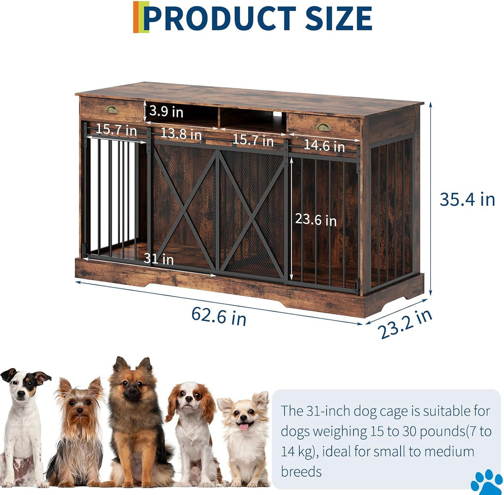 Dog Crate Furniture TV Stand, 63 Inch Double Kennel with Divider & Drawers