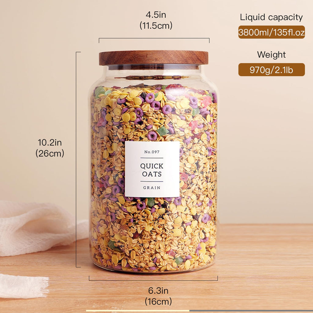 Set of 2 Large Glass Flour and Sugar Containers with 132 Pantry Labels - Glass Food Storage Jars with Airtight Bamboo