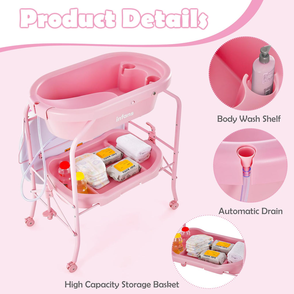 2 in 1 Baby Changing Table with Bath Tub Unit, Folding Diaper Dresser Station with Wheels Waterproof Pad Storage