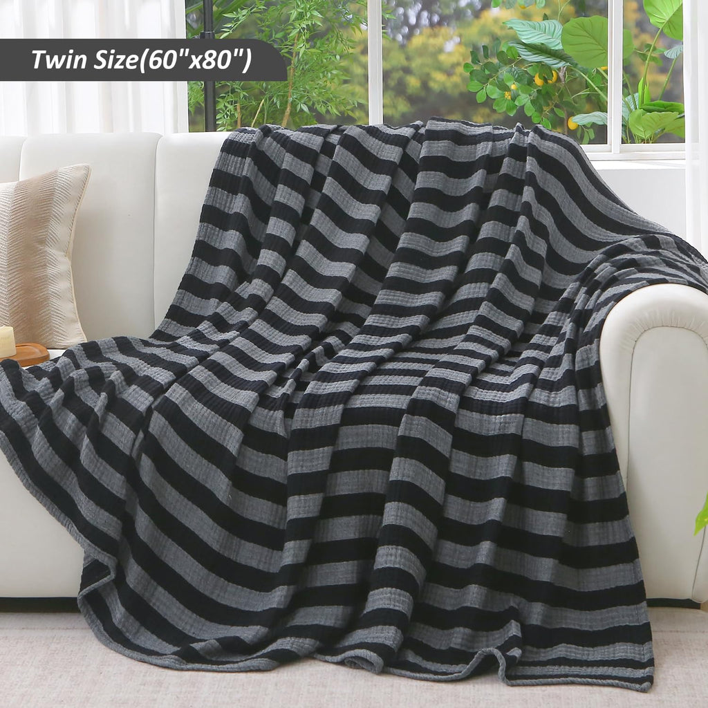 Muslin Cotton Blanket Striped for Adults Bed Black 90" x 90"
