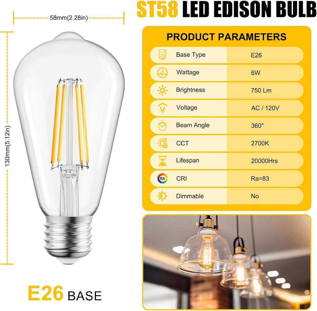 6Pack Edison Light Bulbs, E26 Base 2700K Warm White,Non-Dimmable