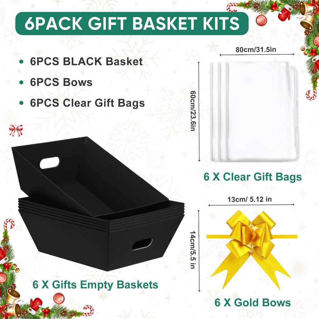 6PACK Black Baskets For Gifts Empty, 10x12"Thick Black Gift Basket with 6 Bows 6 Bags Empty Gift Baskets for