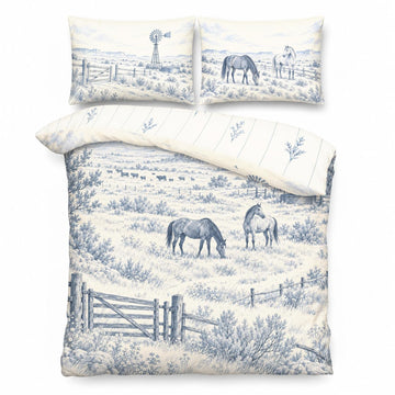 Western Ranch Duvet Cover Set 90x90, Dusty Blue Horse Toile Bedding