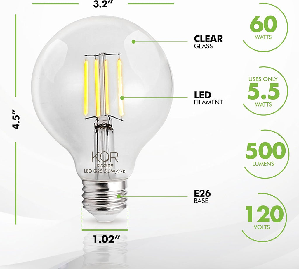 G25 LED Globe Light Bulbs, 60W Equivalent, 2700K, Dimmable, 4-Pack