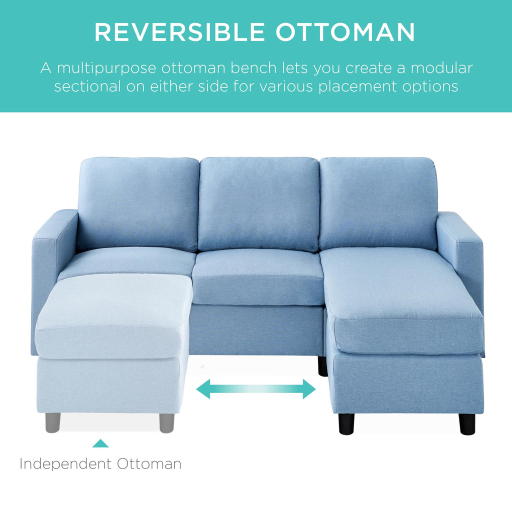 Upholstered Sectional Sofa, Bonus Room, Compact Spaces w/Chaise Lounge, 3-Seat, L-Shape Design, Reversible Ottoman