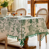 Boho Tassel Tablecloth Cotton Linen Floral Tablecloths and Dining Table Covers Home Decor, Rectangul