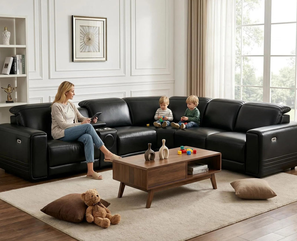 Leather Power Reclining Sectional Sofa with Bass Speakers