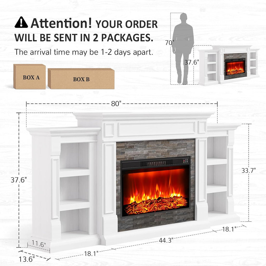 80" Electric Fireplace with Mantel and Cabinets, Fireplace TV Stand for Living Room Bedroom, 30in Realistic Flame