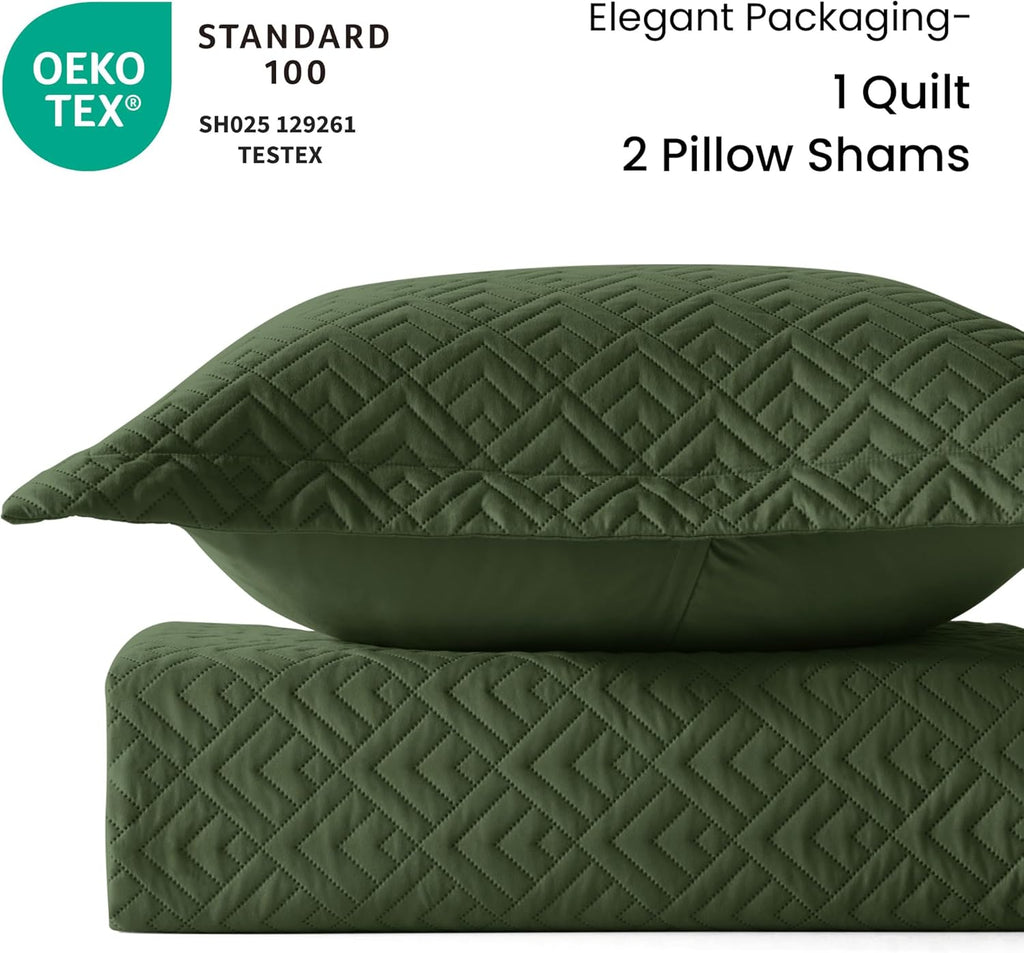 Quilt Set Full Quilts Queen Olive Green 3 Piece,Lightweight Soft Coverlet Modern Style Squares Pattern Bedspread