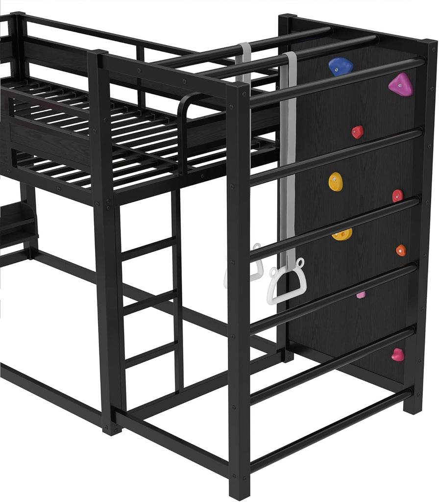 Twin Bunk Bed with Basketball Hoop, Pull-up Rings and Climbing Wall, Twin Bunk Bed with Slide and Bookcase