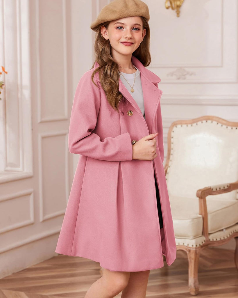 Girls Dress Coat Wool Peacoat with Lapel Pockets Winter Warm Long Jacket for Kids