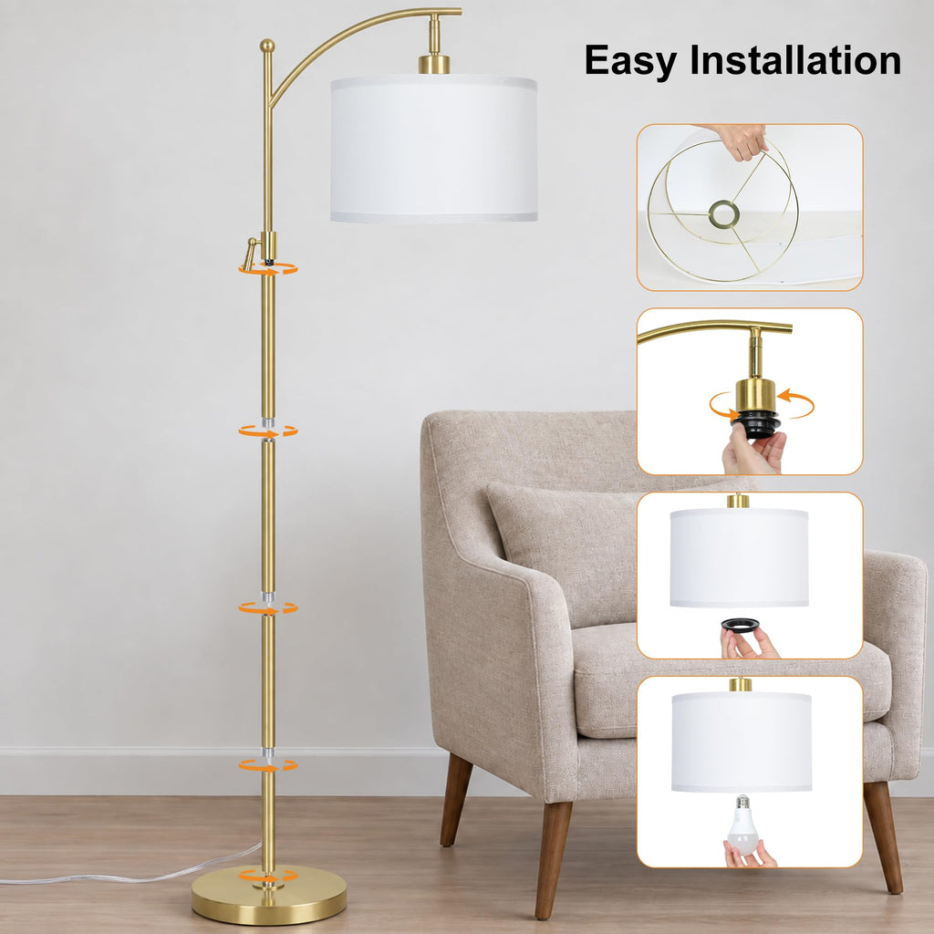 Upgraded Gold Arc Floor Lamp Adjustable Height 55-63in, 3 Color 9W LED Bulb