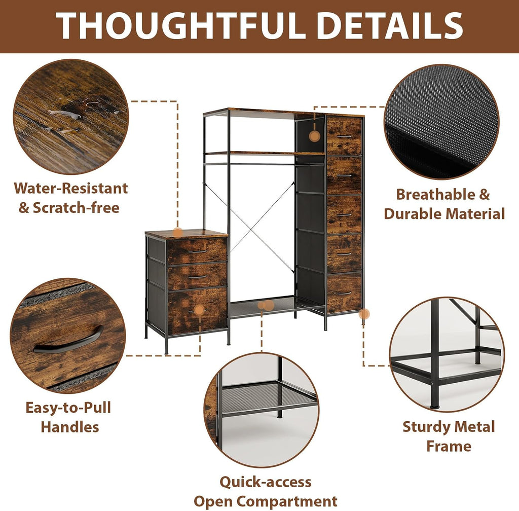 Clothes Rack with 8 Drawers, 4 Shelves & LED, 55" W×57" H Dresser with Hanging Rack, Portable Garment Rack