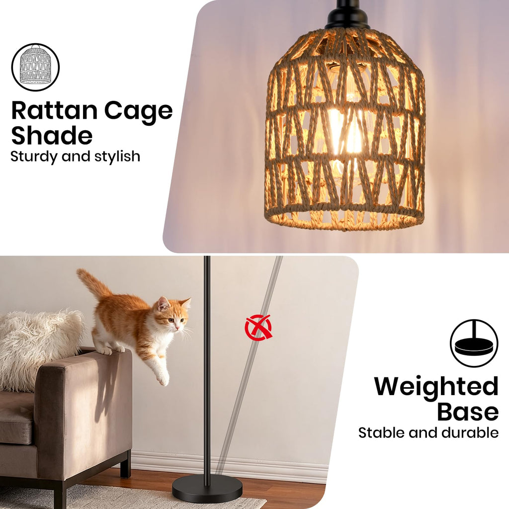 70'' Tall Floor Lamp, 3-Light Rattan Standing Lamp, Black