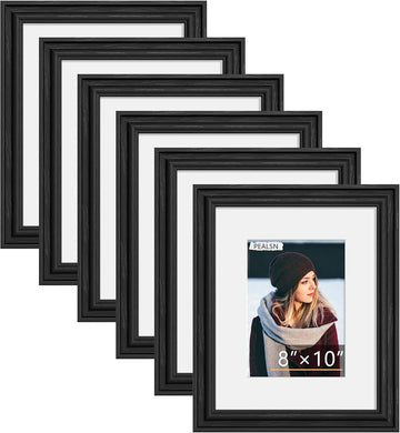 8x10 Picture Frame Set of 6, Wall or Tabletop, Black Woodgrain | Display 5x7 with Mat or 8x10 Without Mat, Horizontal